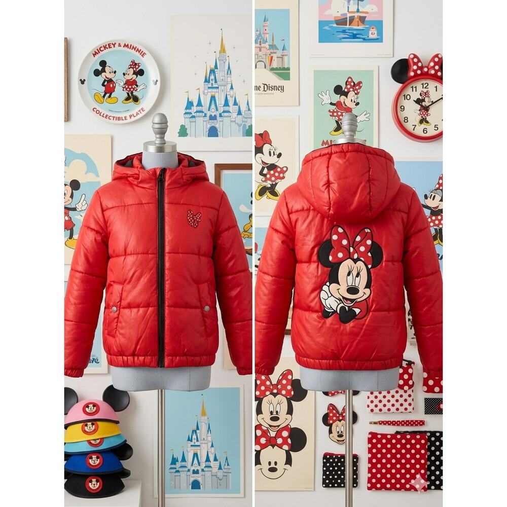 Disneyland Paris Minnie Mouse Embroidered Red Puffer Jacket Youth Small